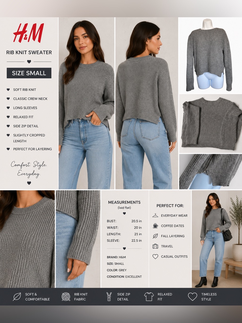 H&M Gray Ribbed Crewneck Sweater